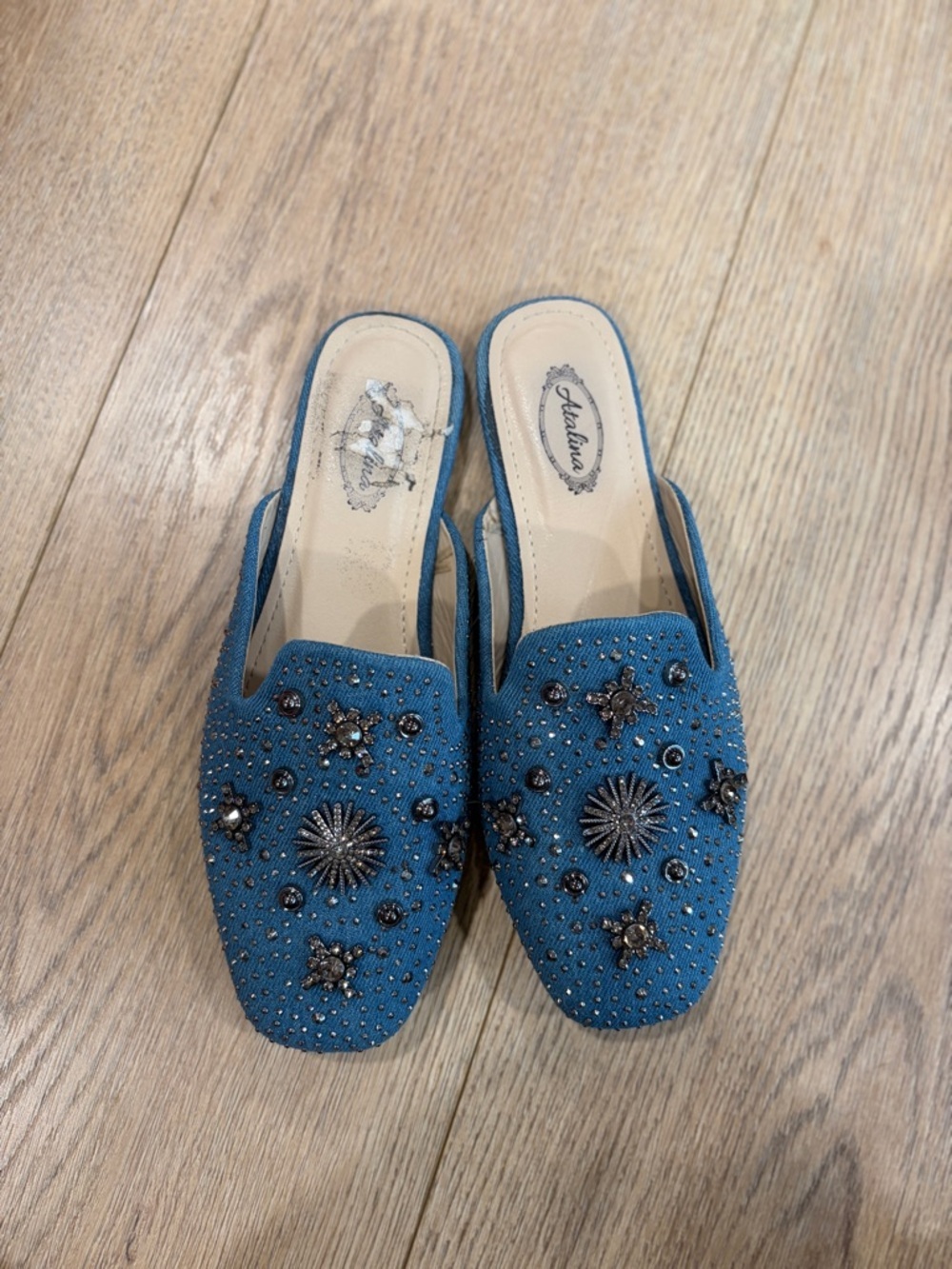 Jeweled Embellished Mule Flats Blue Studded Slip On Shoes Womens Size 6.5 - Picture 3 of 6